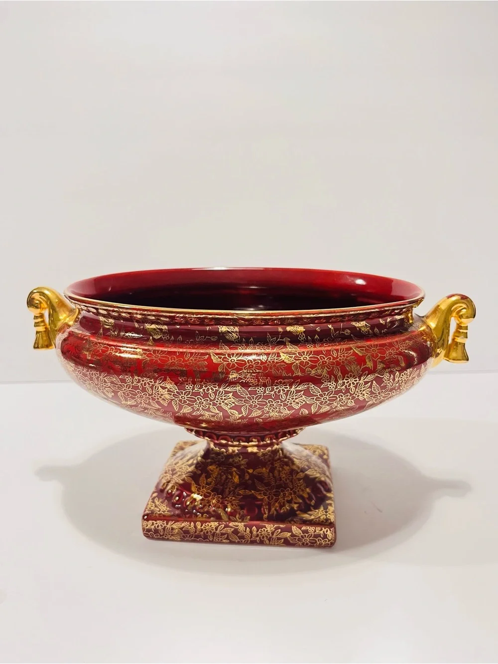 Vintage 1930’s Empire Ware Wine Red & Gold Floral Design Set of 2  Footed Urns
